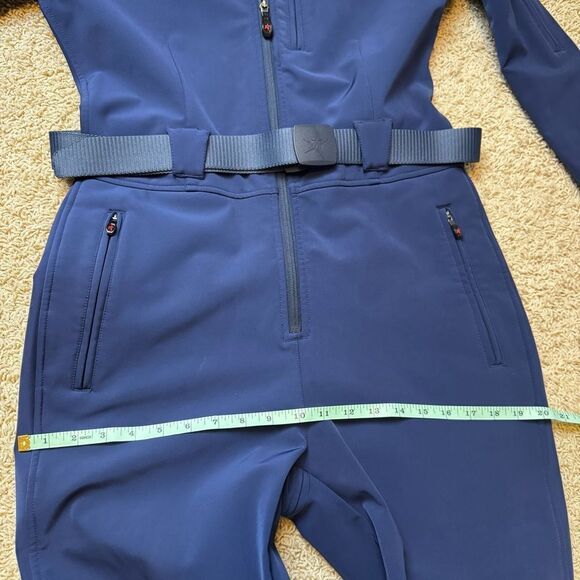 Women’s Perfect Moment Allos Ski Suit Navy Blue Red EUC Large Belted Ski Suit - Picture 9 of 13